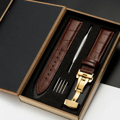 Genuine Leather Strap with Wooden Box Watch Band Butterfly Clasp  Bracelet